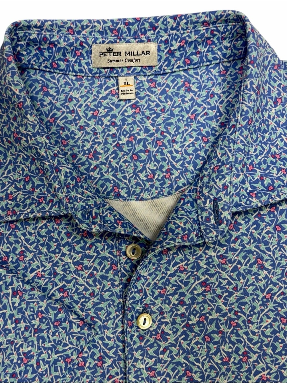 Peter Millar Summer Comfort Polo Shirt Mens XL Hummingbird Floral Geometric AOP